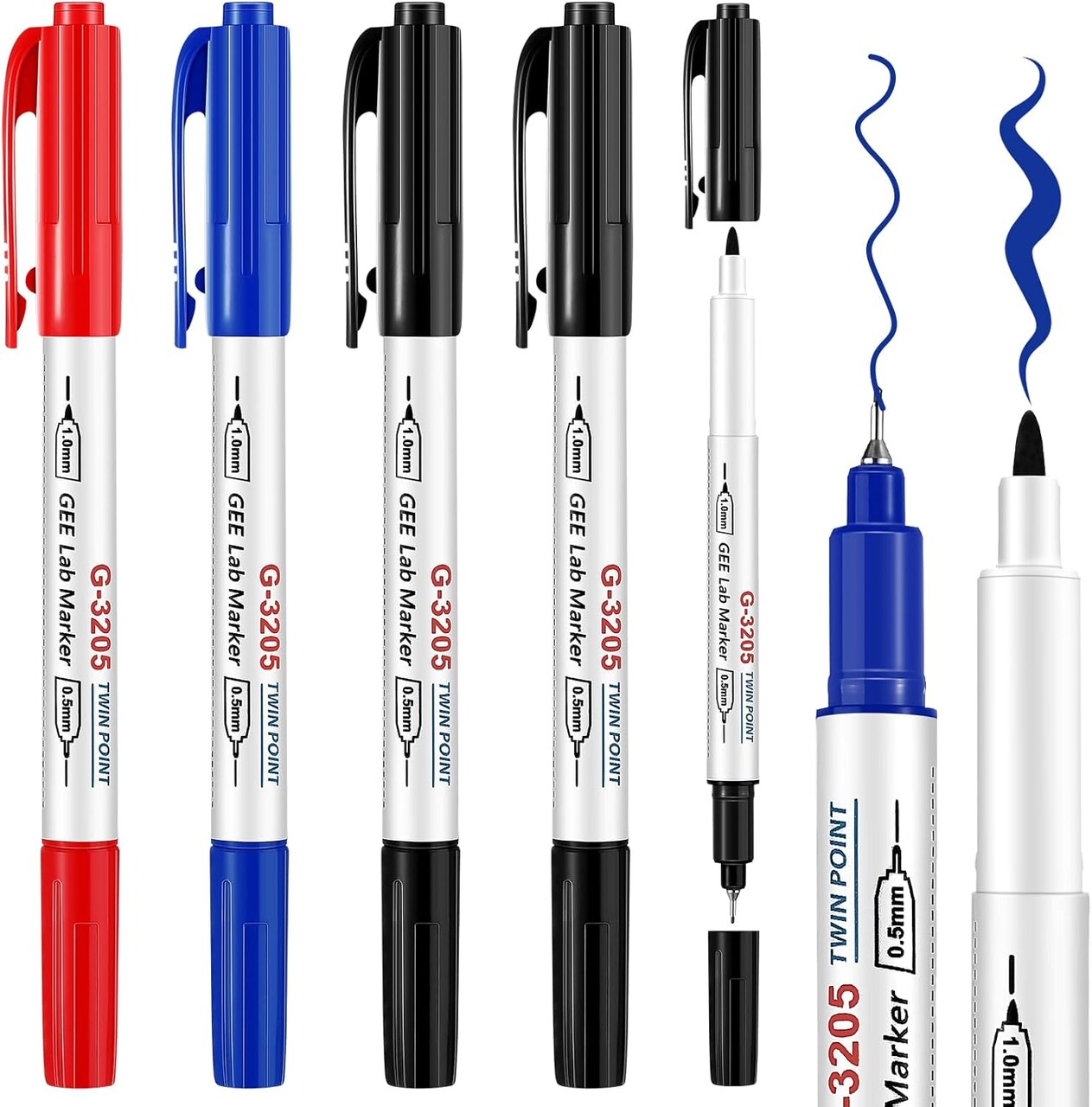 5-Pack Alcohol-Resistant Laboratory Markers – Dual-Head Permanent Freezer Pens with 0.5mm Fine & 1.0mm Marker Tips, Black, Red, Blue – Industrial, Lab, and Hospital Use